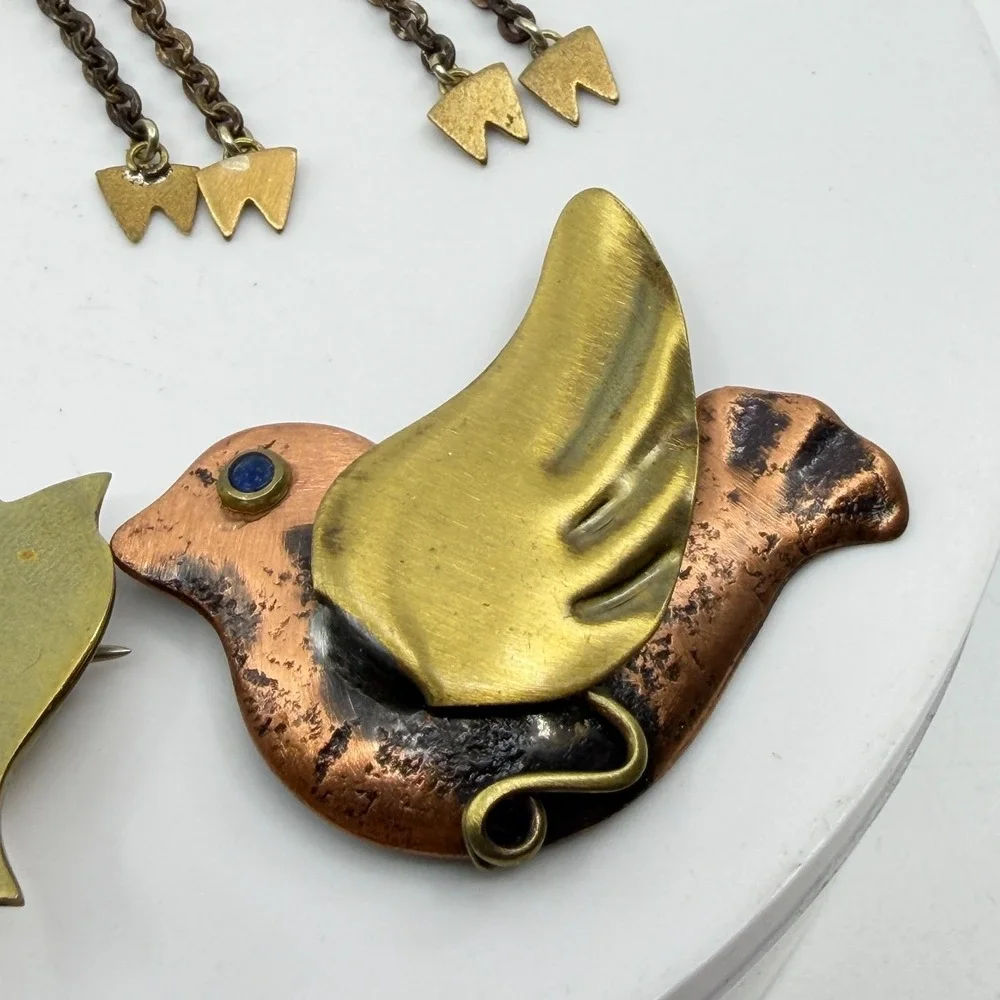 Lot of 4 Brass & Copper Tone Animal Brooch Pin Moose Cat Bird Folk Art Christmas
